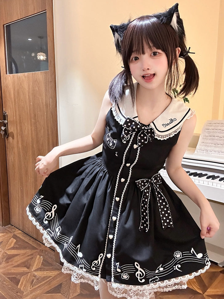 Design Ärmelloses Melodic Kitty Schwarzes Matrosenkragen-Keyboardkleid Zurück