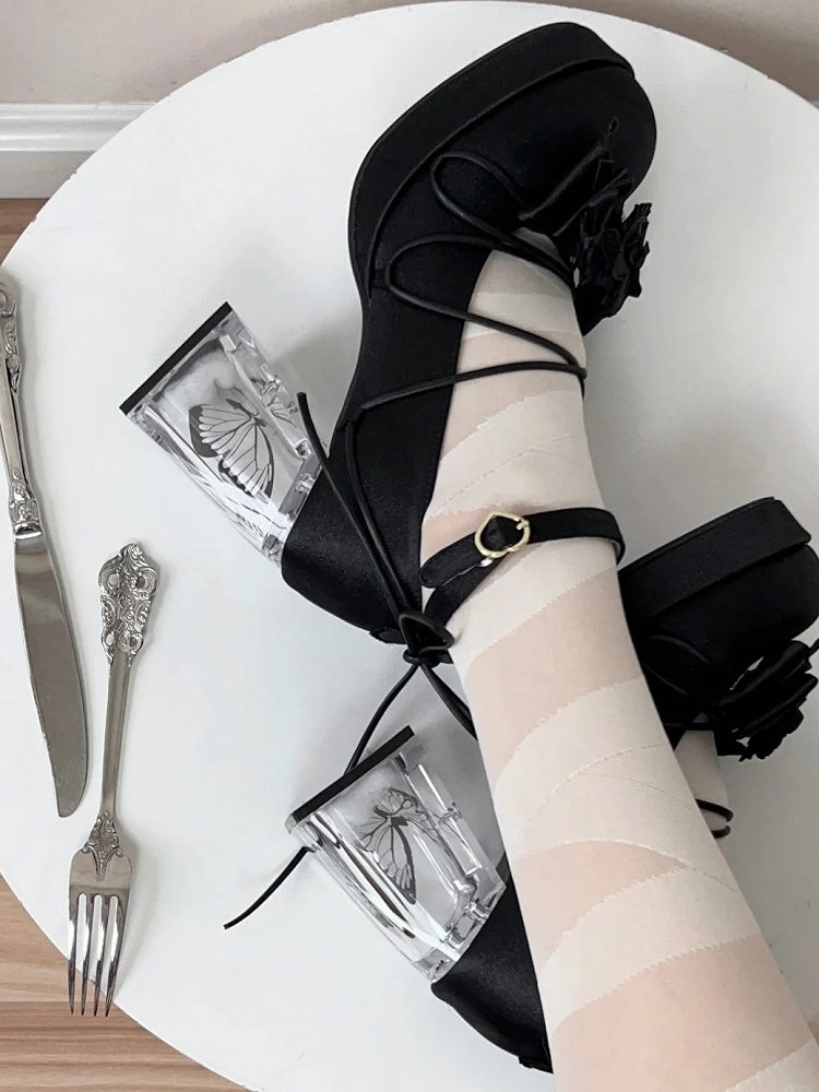 - PU Mary Floral Janes Black Block Accent in Bow Heel High Leather