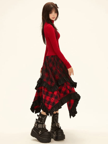 Red - Long Neck Top Design Sleeves Mock Kitten Letter Print Y2K