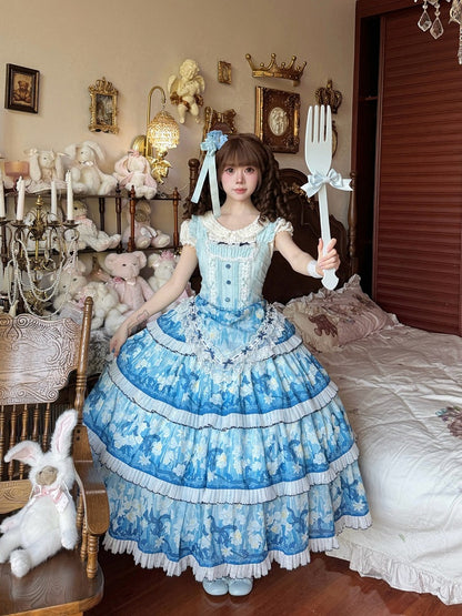 Blue Classic Lolita JSK Dress with Narcissus Print Hem - Flower Ferry Lolita