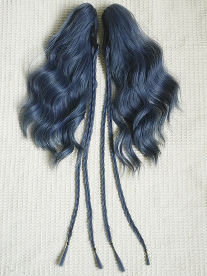 Staubblaue Bob-Kurzperücke mit Pony+Doppelt gewellte Pferdeschwanz-Krallenclips