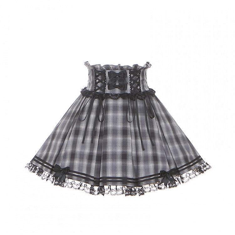 Plaid Gray Kei Style Waist Jirai High Skirt Lace-up with