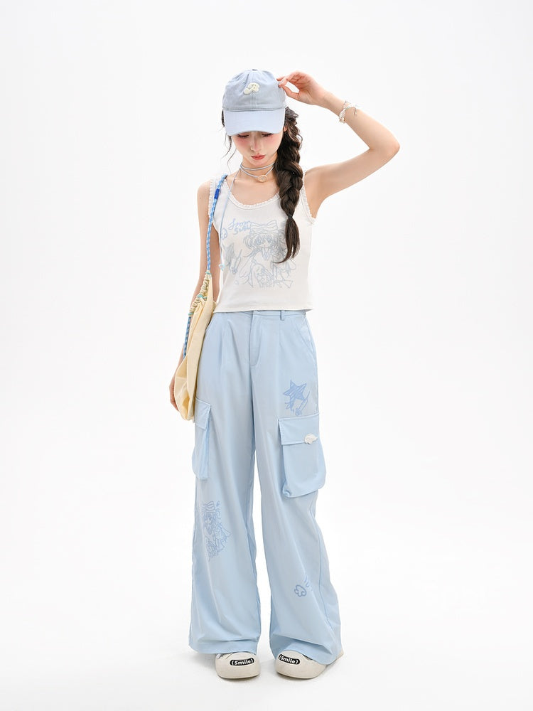 Lockere Hose mit geradem Bein und Taschen, blau, mit Anime-Print, Cargo