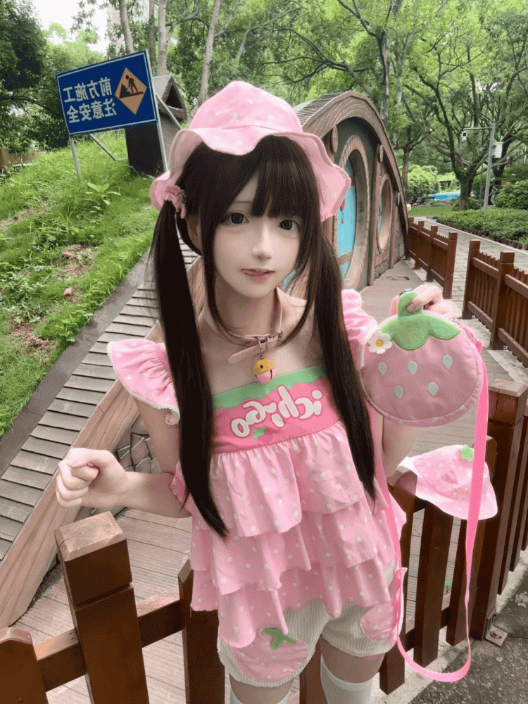 Strawberry Polka Dot Soft Girl Coord Pink Set - Flutter Sleeve Layered Top Strawberry Applique Shorts