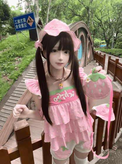 Strawberry Polka Dot Soft Girl Coord Pink Set - Flutter Sleeve Layered Top Strawberry Applique Shorts