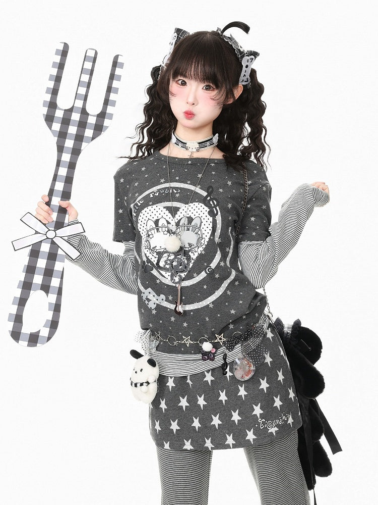 Otaku Style Gray Two-Piece Look Round Neck Long Sleeve Shirt with Bunny & Star Motif - Languid Park