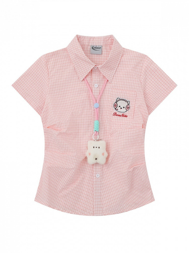 Pink Gingham Polo Short Sleeve Fitted Shirt Embroidery