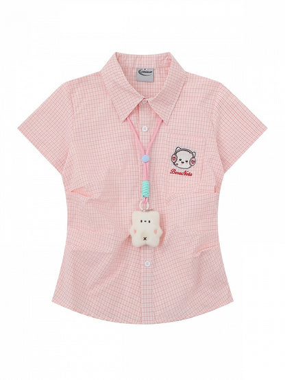 Pink Gingham Polo Short Sleeve Fitted Shirt Embroidery