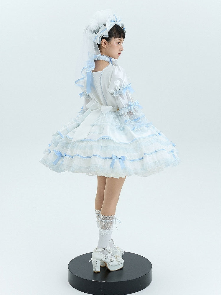 White Platform Mary Jane Shoes with Bow & Rhinestone - Sheep Puff