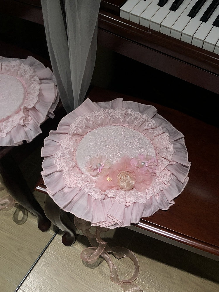 Pink Lolita Flower Accents Ruffled Flat Hat - Misty Isle Letter