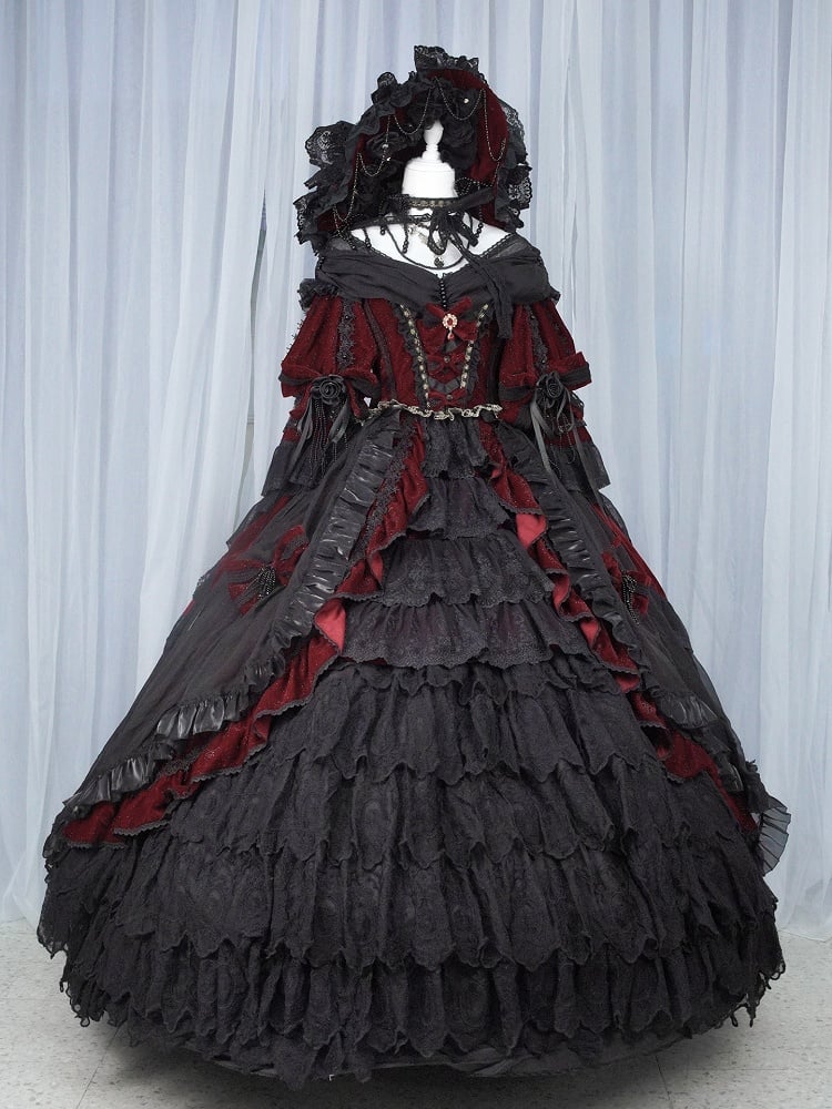 and Shimmering OP Full Set Gorgeous Black High-low Lolita Velvet Hanayome Red Dress