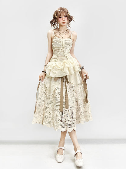 Ruffle Set- Self-tie Beige Dress Trim Skirt Cami Glamorous Straps +
