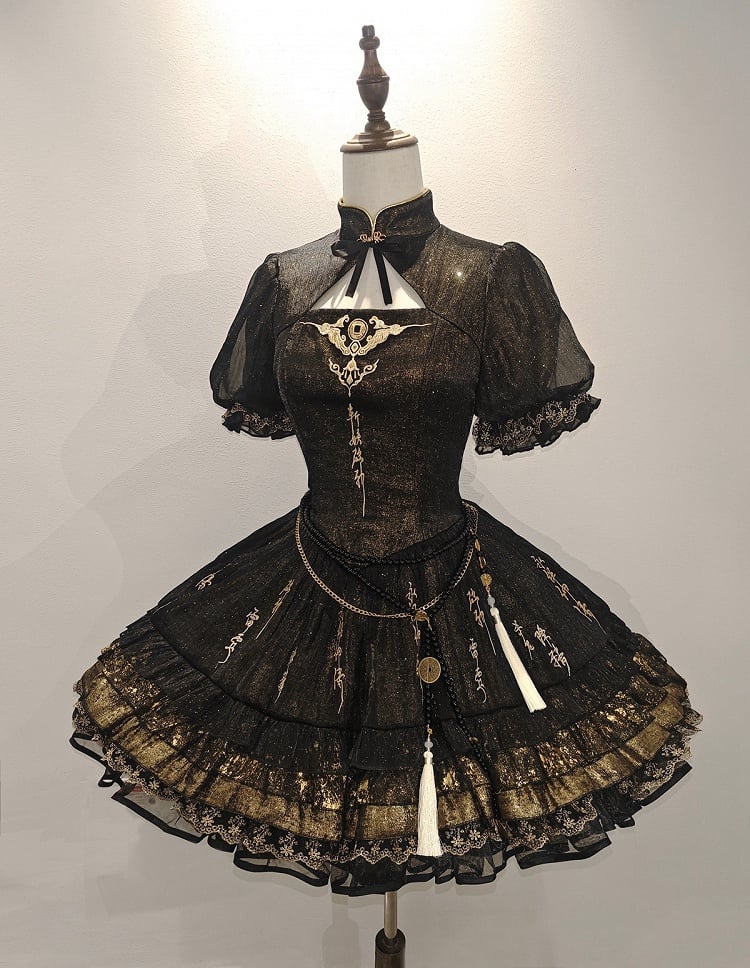 Shimmering Black Gold Chinoiserie Lolita OP with Chinese Embroidery Flounce Hem - YING YUE