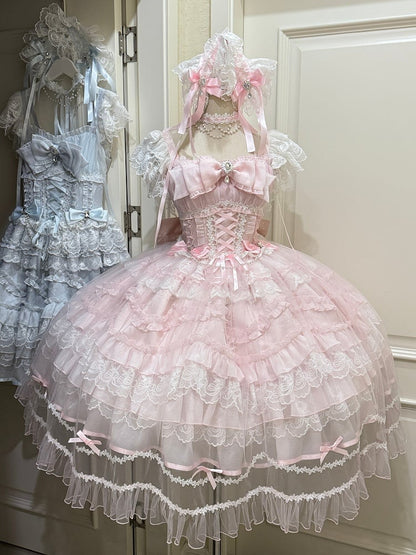 Sweet Multi-Layer Lace Overlay / Full + Lolita Dress Rhinestone Set Pink JSK Hanayome-Style Details with Bows