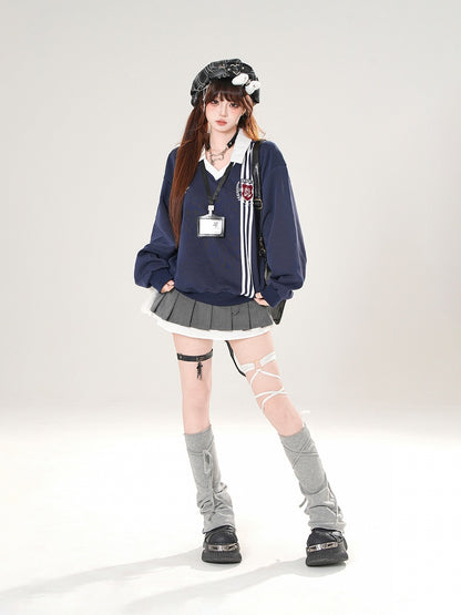 Gray/Navy Classic Polo Collegiate with Crest Sweatshirt Embroidered Blue