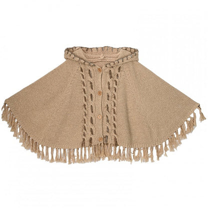 タッセルヘム付きケープ カーキ ニット フード付き