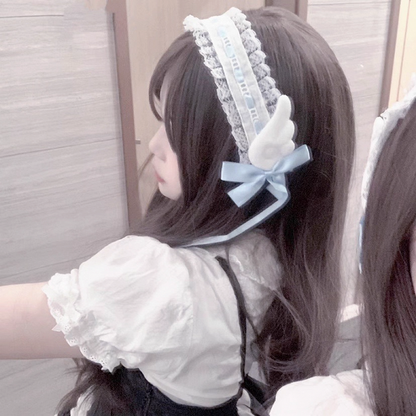 Jirai Kei Light Lace Hairband with Blue Plush Angel Wings Bow Ruffled