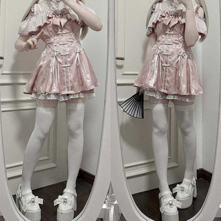 セット - ショートパンツ、蝶ネクタイネックライン、ベルスリーブ、イリュージョンチャイナドレス、ミニドレス、ダスティジライスタイル、ピンクケイ