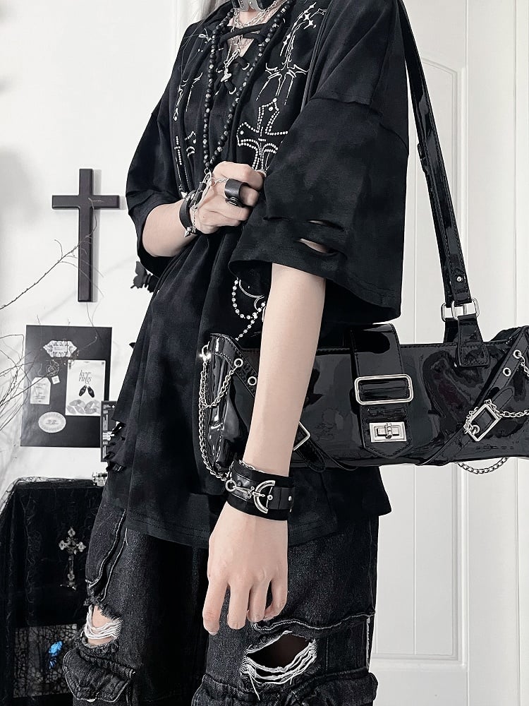 Devil Sleeve Gothic BlackGray Print Hoodiewith Horn HoodCross Short Tie-Dye