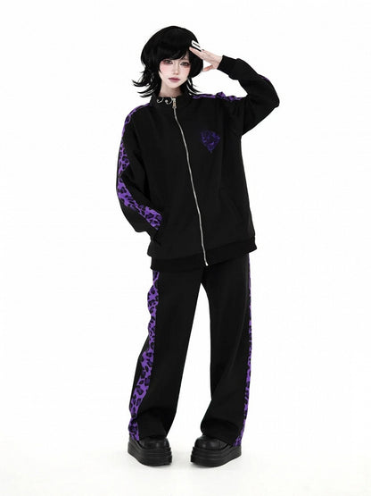 Sporty Jirai Kei Black & Purple Leopard Print Pants - Puzzles
