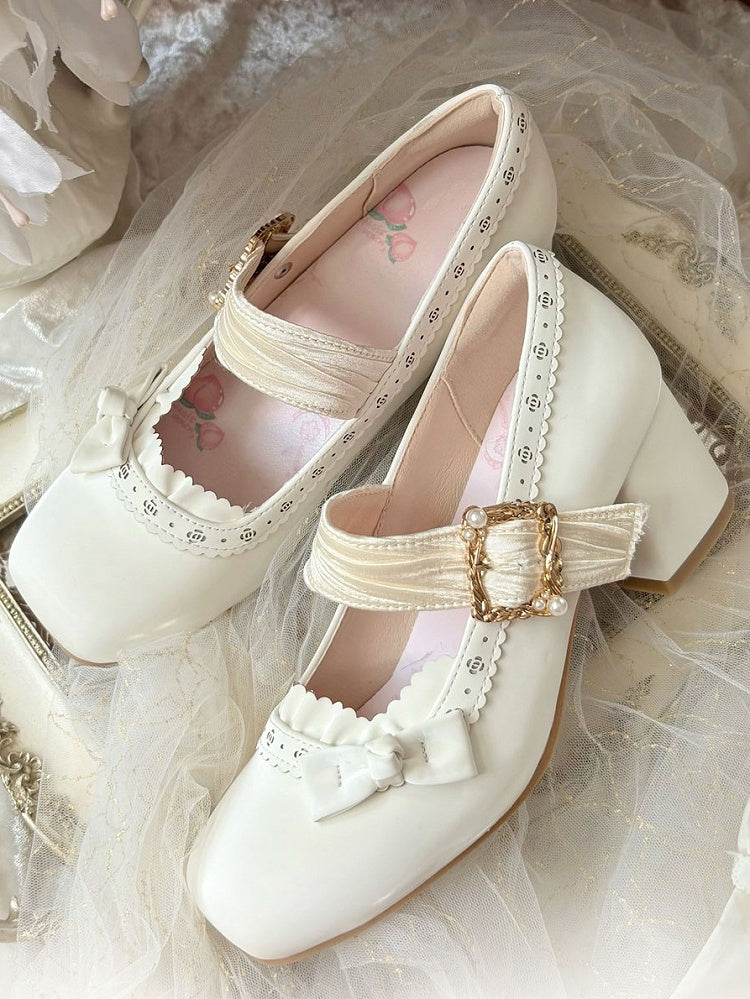 Mary Straps - White Janes Low/Mid Cutouts Elegant Lolita Pleated with Heel PU Floral