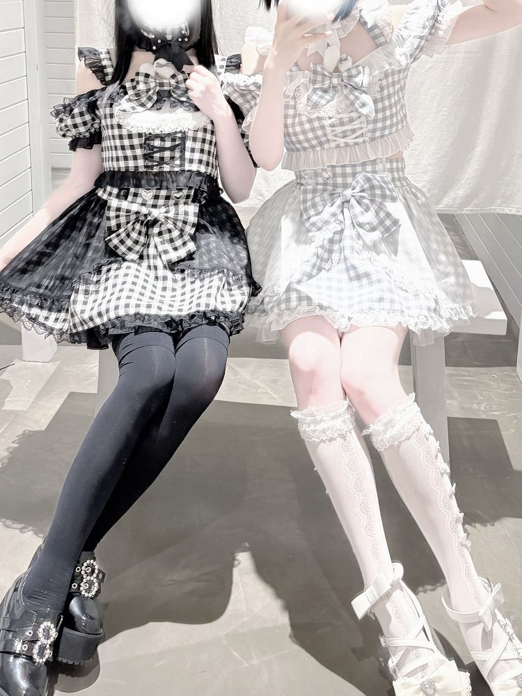 Off-the-shoulder Choker Bowknot+ Design Bunny Waist Plaid Idol High Neckline Skirt+ Set- Ears + Top Jirai Kei Black