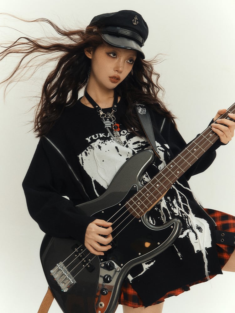 ブラック パンクロック ジップアップ ルーズ ラウンドネック セーター