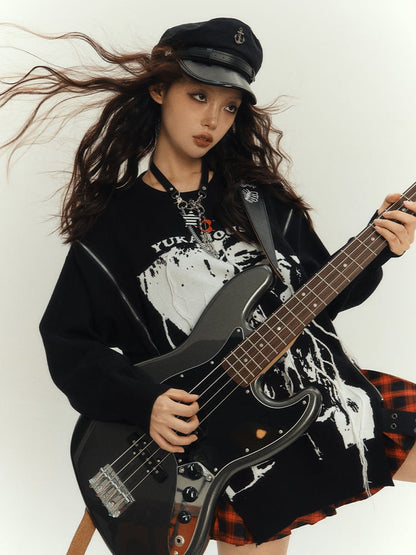 ブラック パンクロック ジップアップ ルーズ ラウンドネック セーター