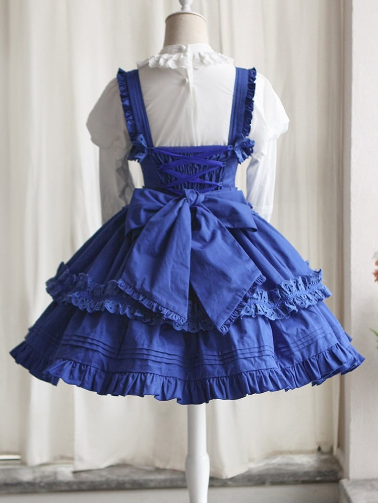 Lolita Bowknots Heart-shaped JSK Decoration Short with and Blue Dress Klein Gothic Version Ruffled