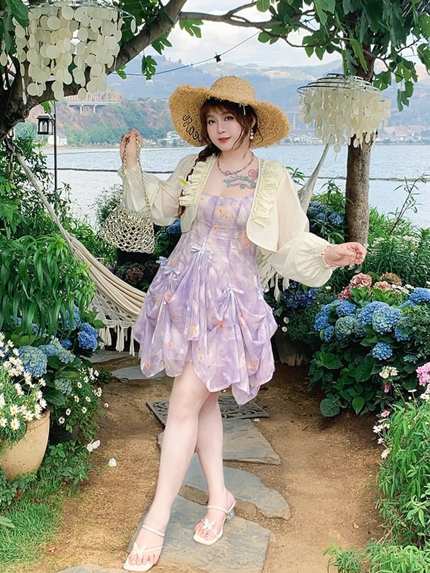 Details Chiffon-Camisole-Kleid mit Blumenmuster, drei Möglichkeiten, Übergröße, lila Schleifen