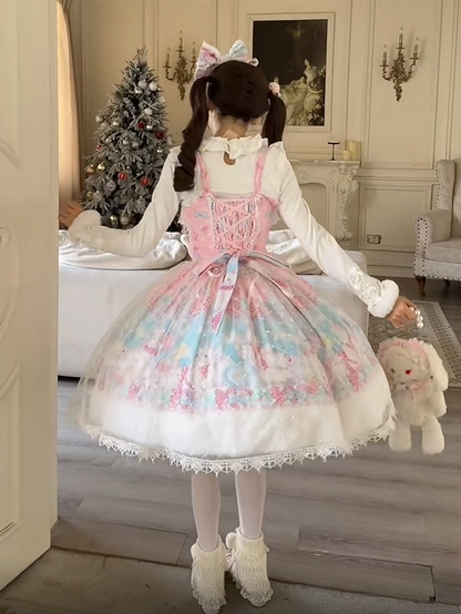 Pink with Sweet Cat Fur Trim Bow Print Accents Lolita Hem and Dress
