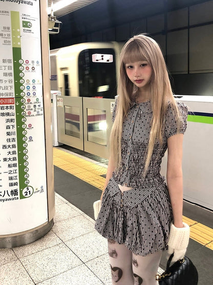 Pattern Collar Floral with Blouse Puff Short Plaid Sleeve Peter Pan