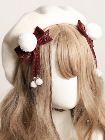 Sweet Lolita Red Velvet Glitter Bowknot Pom-Pom Hairclip