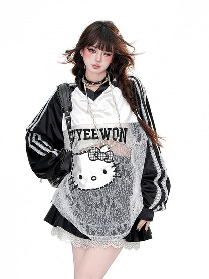 Lockeres Sweatshirt mit Katzenmuster, kontrastierenden Spitzenpatches und V-Ausschnitt