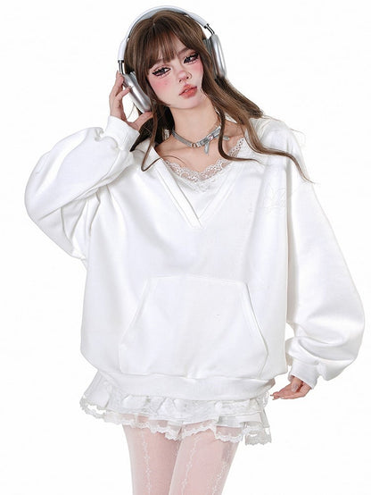 Grey/White Lace Trim V-neck Loose Hoodie Fake Two-piece
