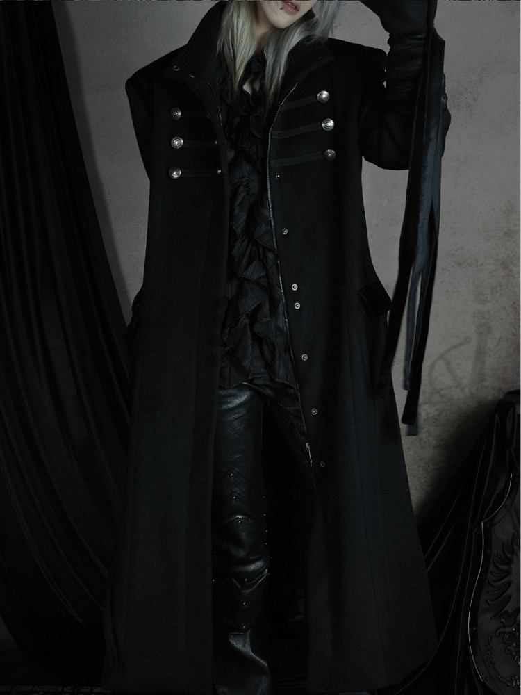 Long Gothic Coat Detials Strap Mock Neck Black with Buckle Royal