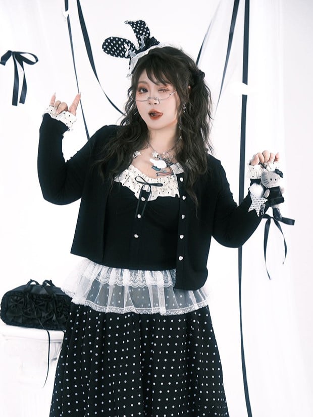 Plus Dot Buttons Cardigan with Polka Size Heart Trim Black Ruffle