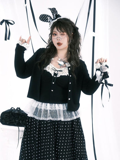 Plus Dot Buttons Cardigan with Polka Size Heart Trim Black Ruffle