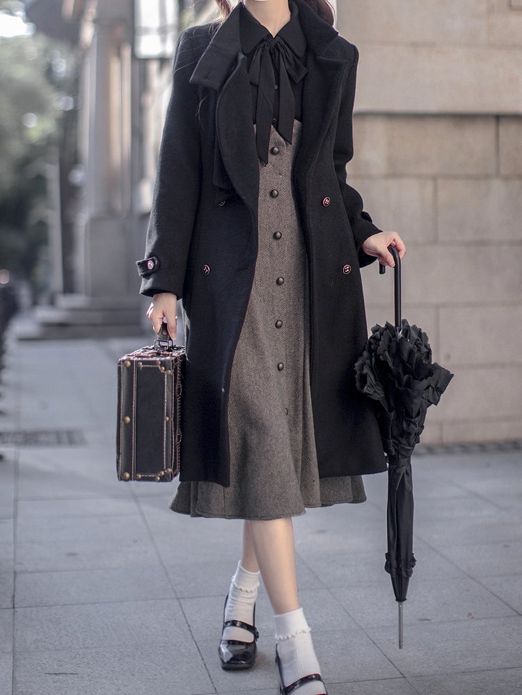 Black Coat Swing Double-breasted Elegant