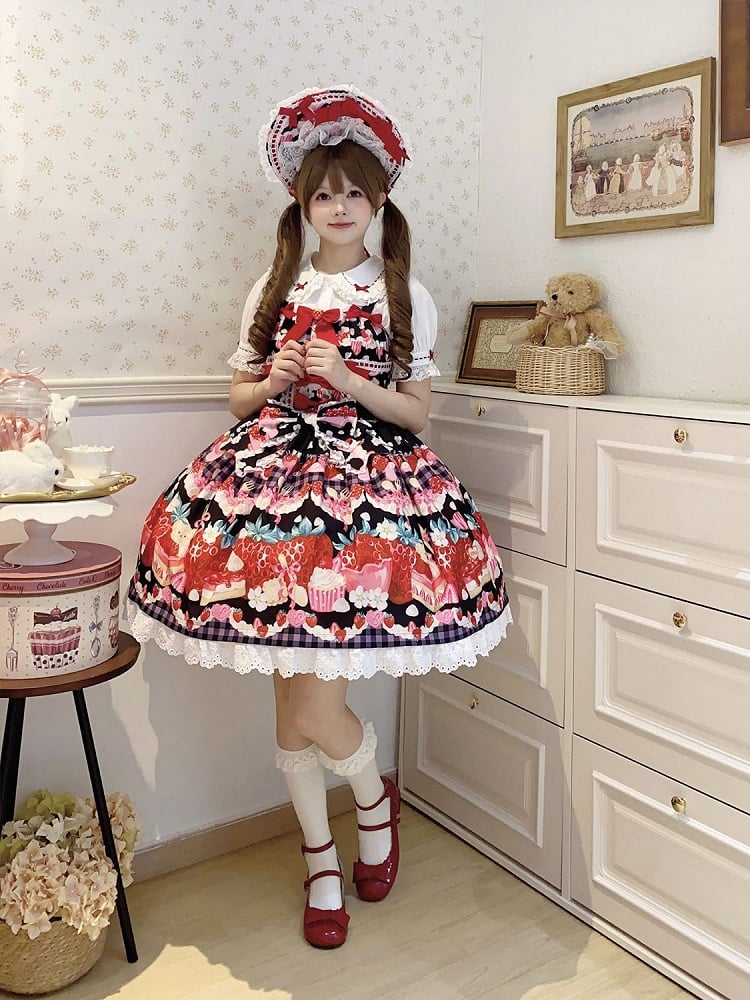 und süßes schwarzes Erdbeer-Dessert-Kleid mit Lolita-Print