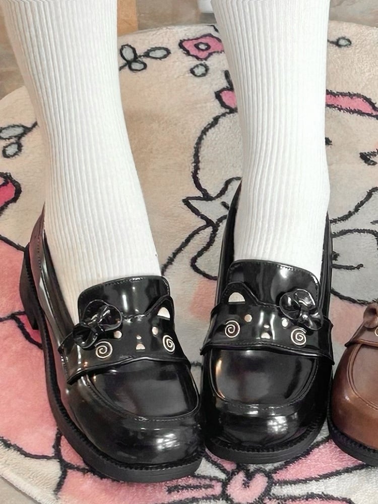 PU Black Loafers in Preppy Style with Bear Theme & Bow Decor