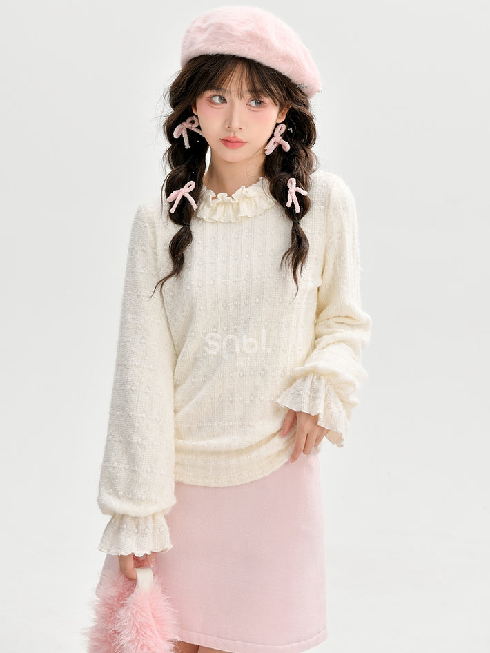 Beiges, langärmliges Oberteil mit Rüschenausschnitt