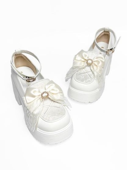 Herz-Plattform Perlen Jirai mit - Vamp Bow Kei White Heels Hohe Schnalle Block Matching