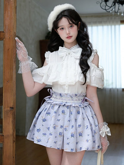 リボンホワイトオープンショルダービッグネックラインシフォンブラウス