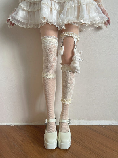 Beige Sweet Sheer Star Tights + Lace Overknee Stockings + Plush Bunny Leg Ring Set - Ms. Sox
