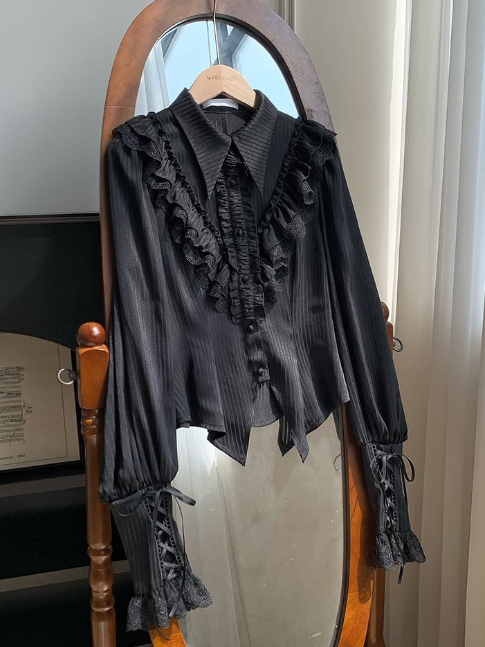 Lolita Pointed Collar Black Sleeves Shirt Gothic Long Foldover