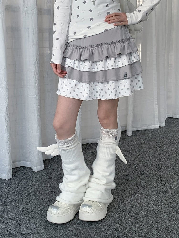 Light Gray Layered Ruffle Skirt with Star Pattern - Solkatt