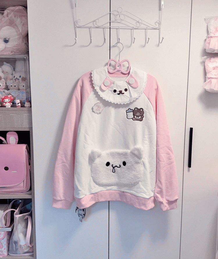 Sweatshirt: Bib Pink White Bear Embroidery