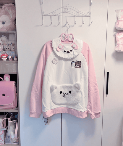 Sweatshirt: Bib Pink White Bear Embroidery