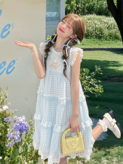 Sleeveless Dress Blue Plaid Tiered Flutter Bunny Embroidery Lace Sleeves Skirt Trim